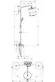 Hansgrohe Duschsäule mit Kopf- und Handbrause, Einhebelmischer, verstellbare Höhe und beweglicher Duschkopf. Technische Zeichnung mit Maßen und Anschlussdetails.